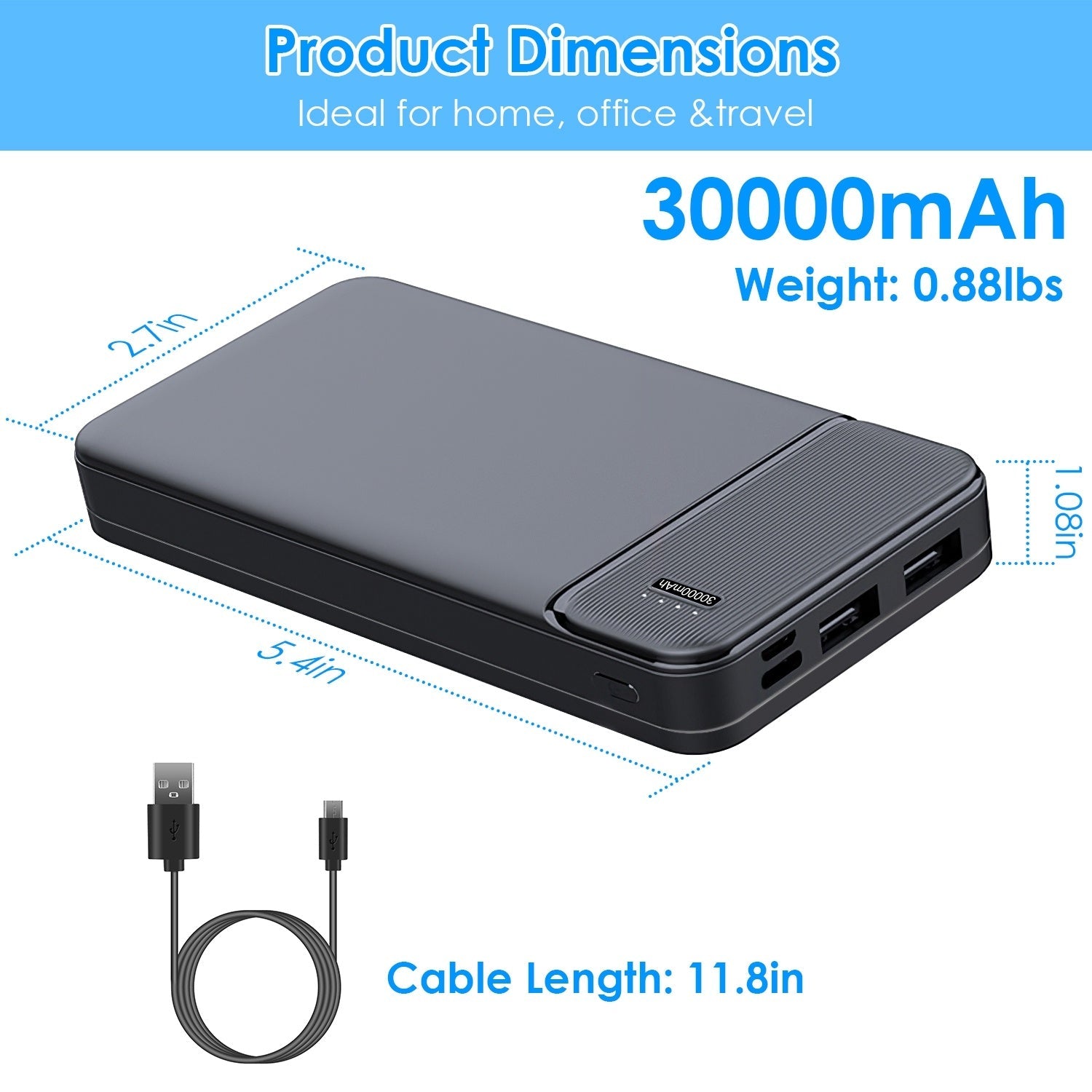 JMT-538058 Fast Charging Portable Power Bank 10000mAh/20000mAh/30000mAh with USB Cable for iOS 15/14/13 and More