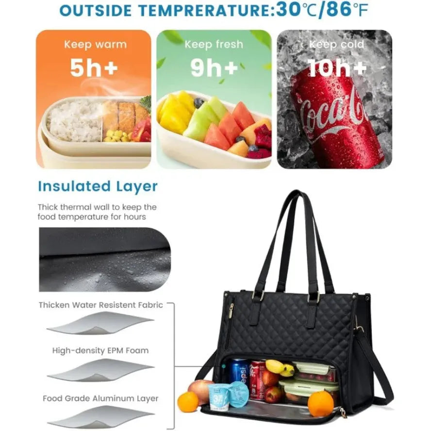 JMT-538378 Quilted Laptop Tote Bag with Insulated Lunch Compartment for 15.6 Inch Devices