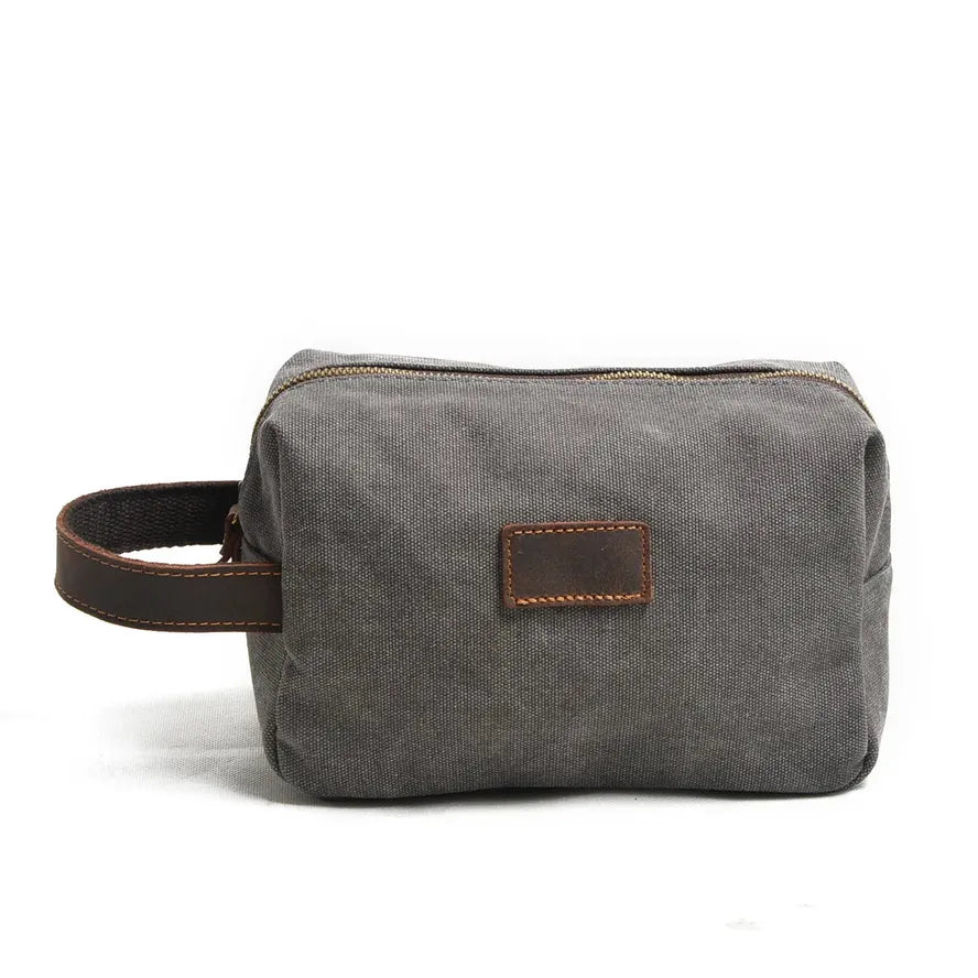 JMT-539082 Custom Logo Small Canvas Travel Hand Bag and Toiletry Bag, 21x9.5x14CM, Oil Wax Canvas and Super Fiber Leather