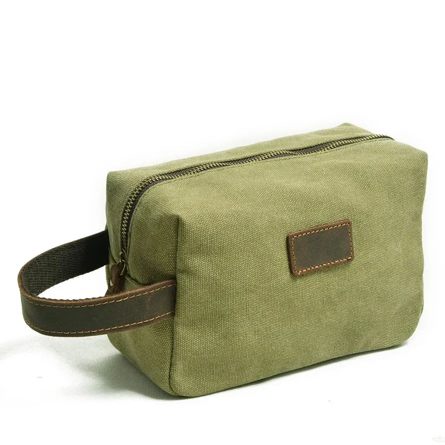 JMT-539082 Custom Logo Small Canvas Travel Hand Bag and Toiletry Bag, 21x9.5x14CM, Oil Wax Canvas and Super Fiber Leather
