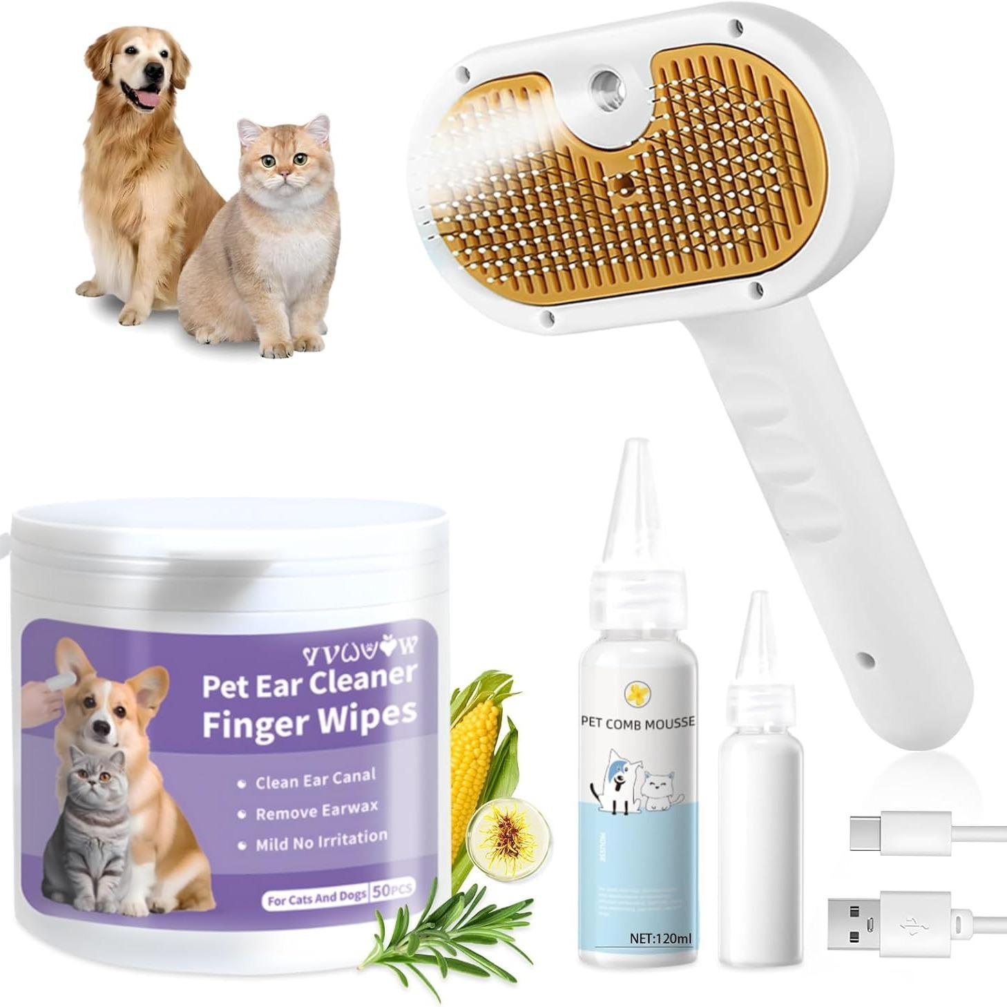 JMT-539274 3-in-1 Pet Steam Brush with Waterless Shampoo and Ear Wipes for Cats and Dogs
