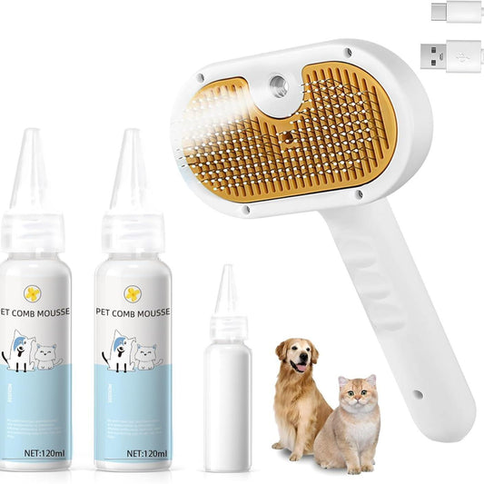 JMT-539274 3-in-1 Pet Steam Brush with Waterless Shampoo and Ear Wipes for Cats and Dogs