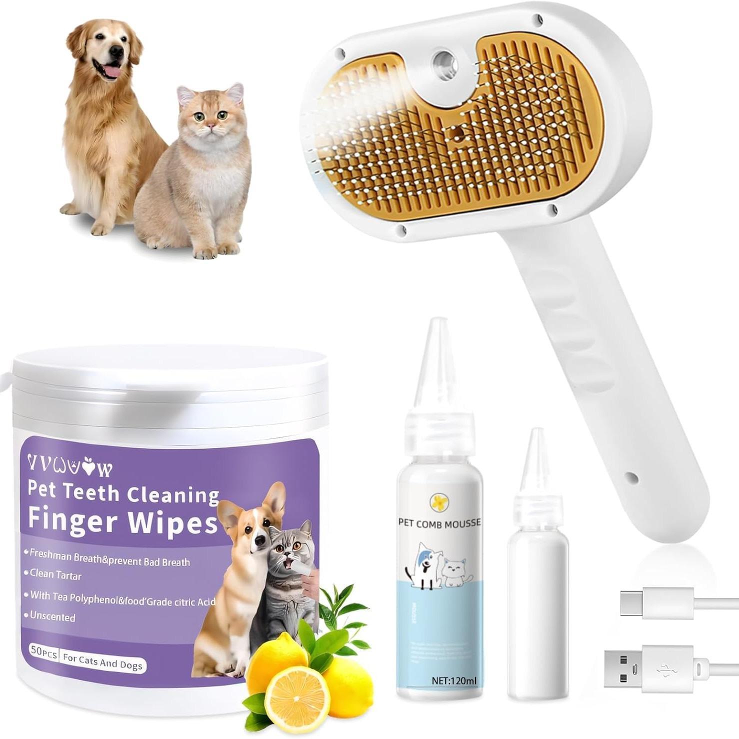 JMT-539274 3-in-1 Pet Steam Brush with Waterless Shampoo and Ear Wipes for Cats and Dogs