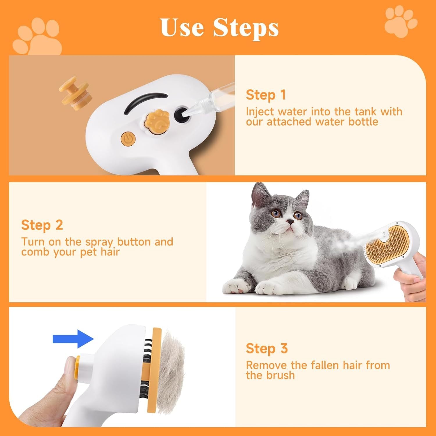 JMT-539274 3-in-1 Pet Steam Brush with Waterless Shampoo and Ear Wipes for Cats and Dogs