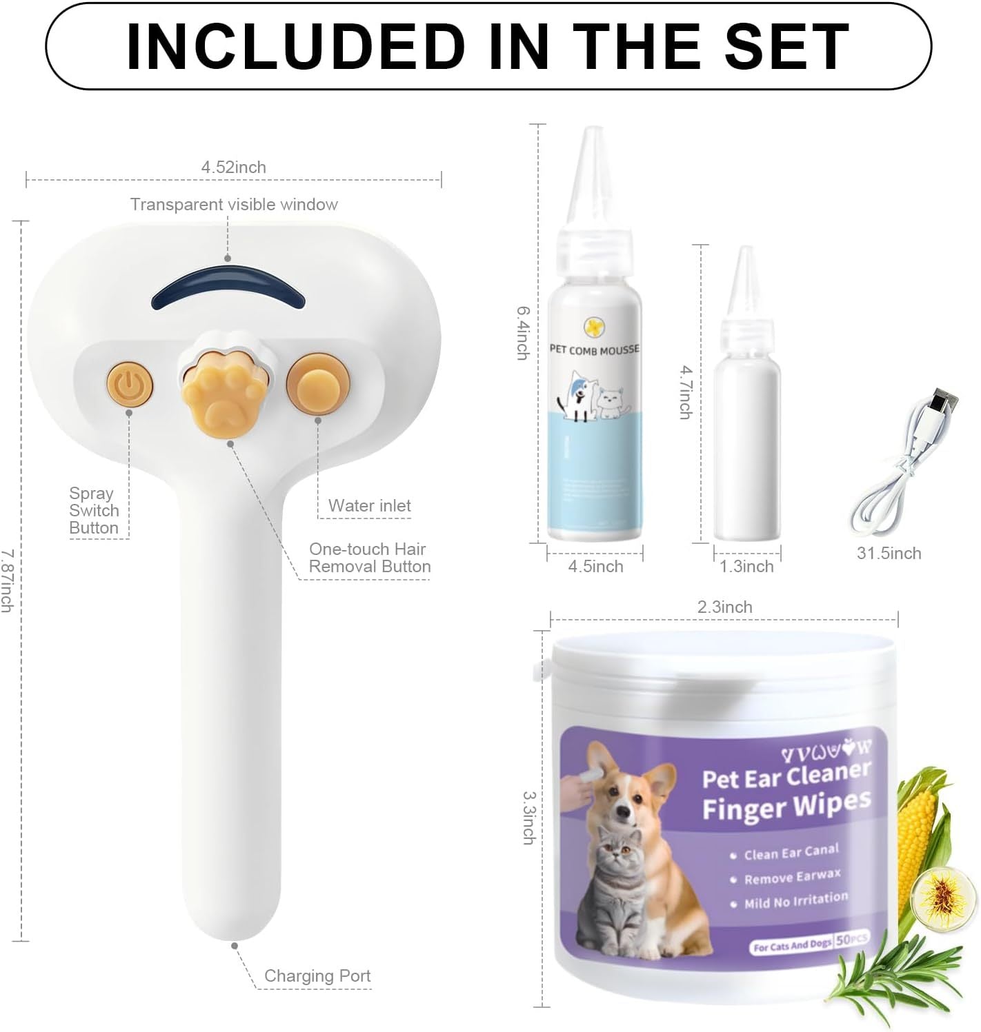 JMT-539274 3-in-1 Pet Steam Brush with Waterless Shampoo and Ear Wipes for Cats and Dogs