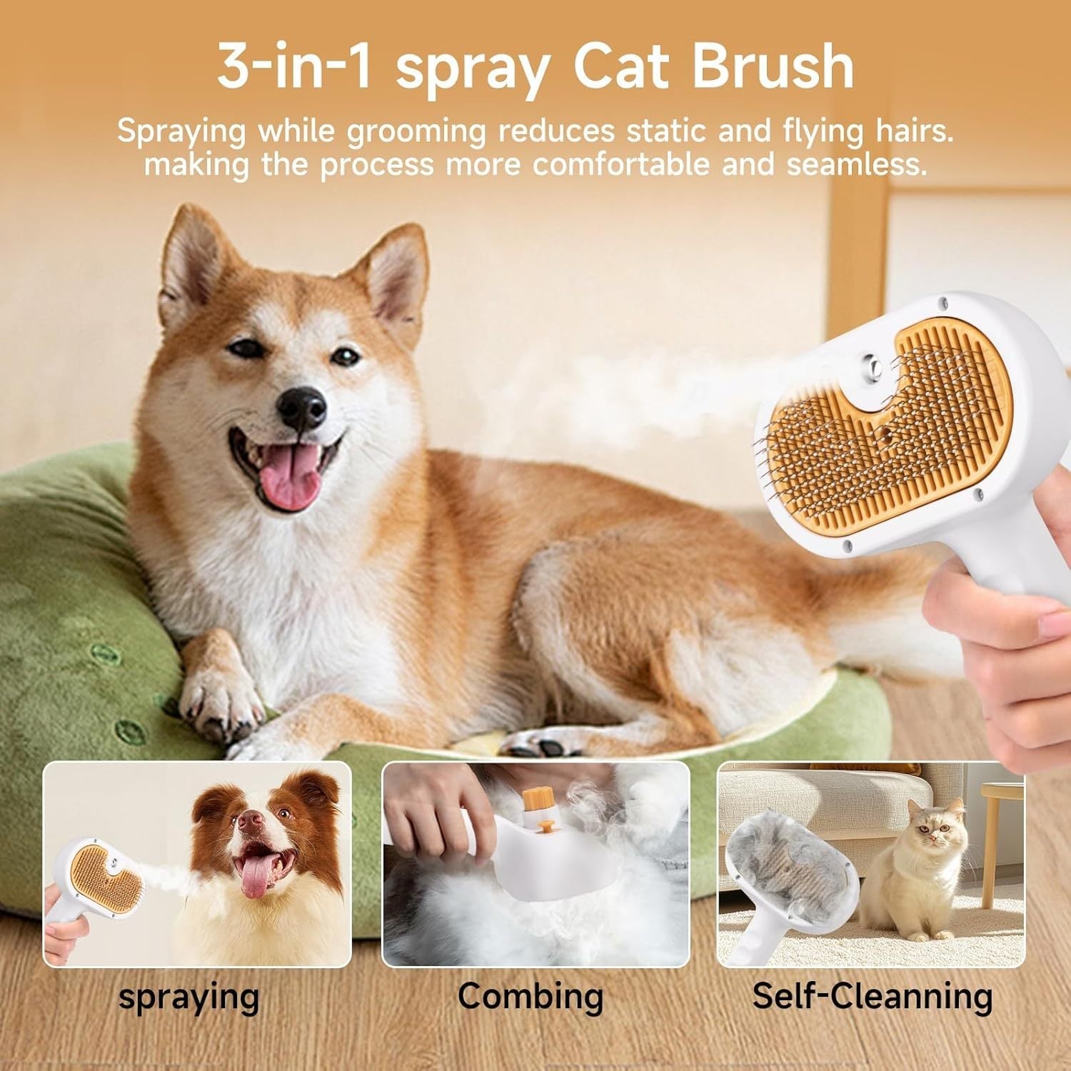 JMT-539274 3-in-1 Pet Steam Brush with Waterless Shampoo and Ear Wipes for Cats and Dogs