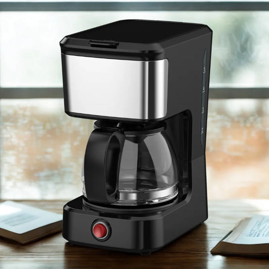 JMT-539850 Compact Drip Coffee Maker with Ground Coffee Brewing and Stainless Steel Accent, 5-Cup Capacity
