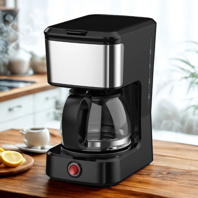 JMT-539850 Compact Drip Coffee Maker with Ground Coffee Brewing and Stainless Steel Accent, 5-Cup Capacity