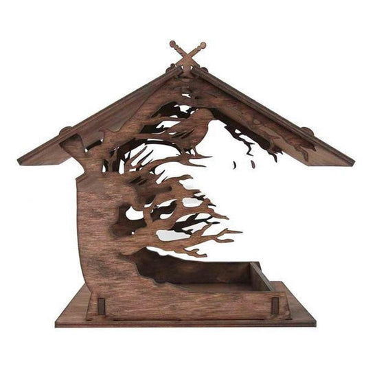 JMT-540426 Small Wooden Outdoor Bird Feeder for Gardens - Carbonized and Natural Colors Available