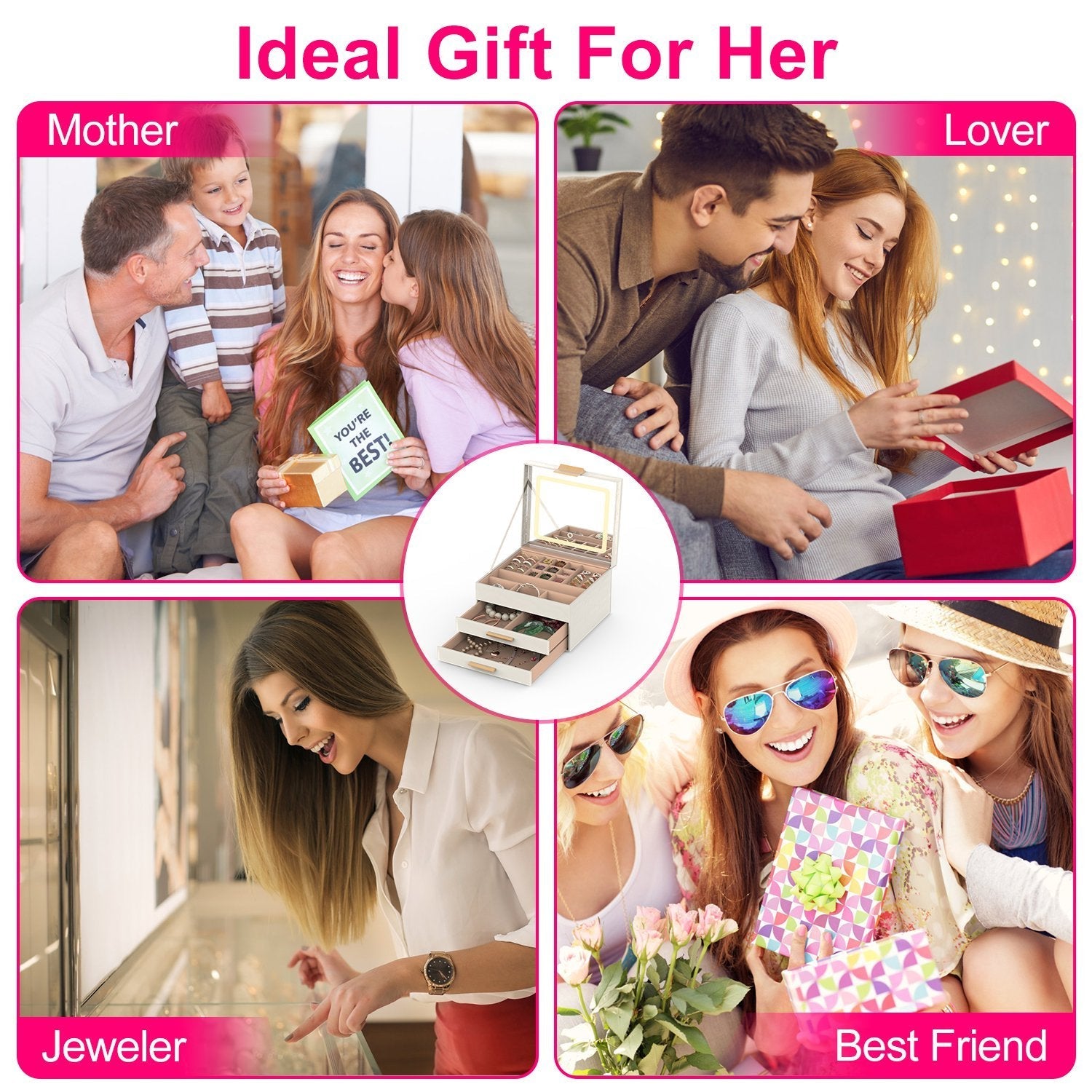 JMT-541322 3 Layer PU Leather Jewelry Box with LED Touch Mirror and Dimmable Light for Earrings, Rings, Necklaces, and Bracelets