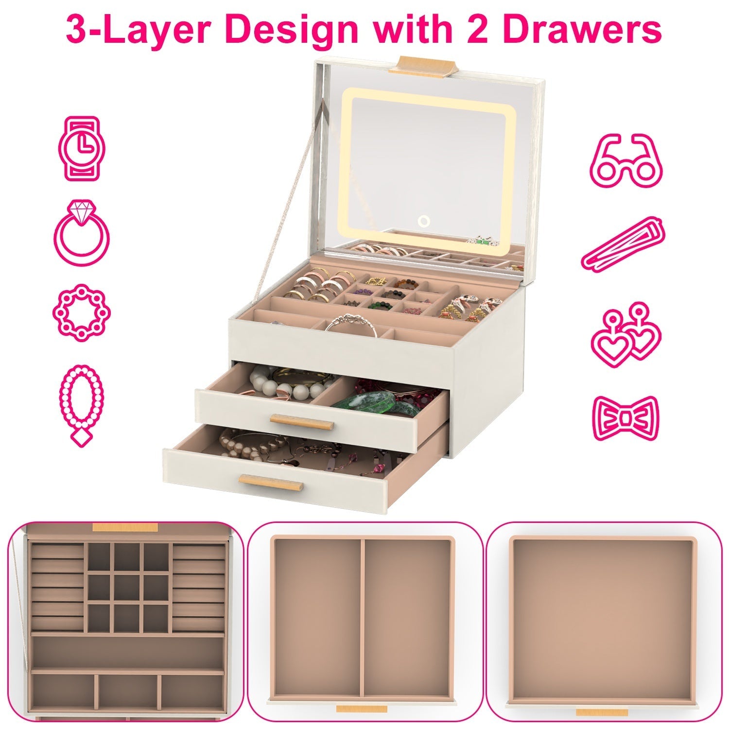 JMT-541322 3 Layer PU Leather Jewelry Box with LED Touch Mirror and Dimmable Light for Earrings, Rings, Necklaces, and Bracelets