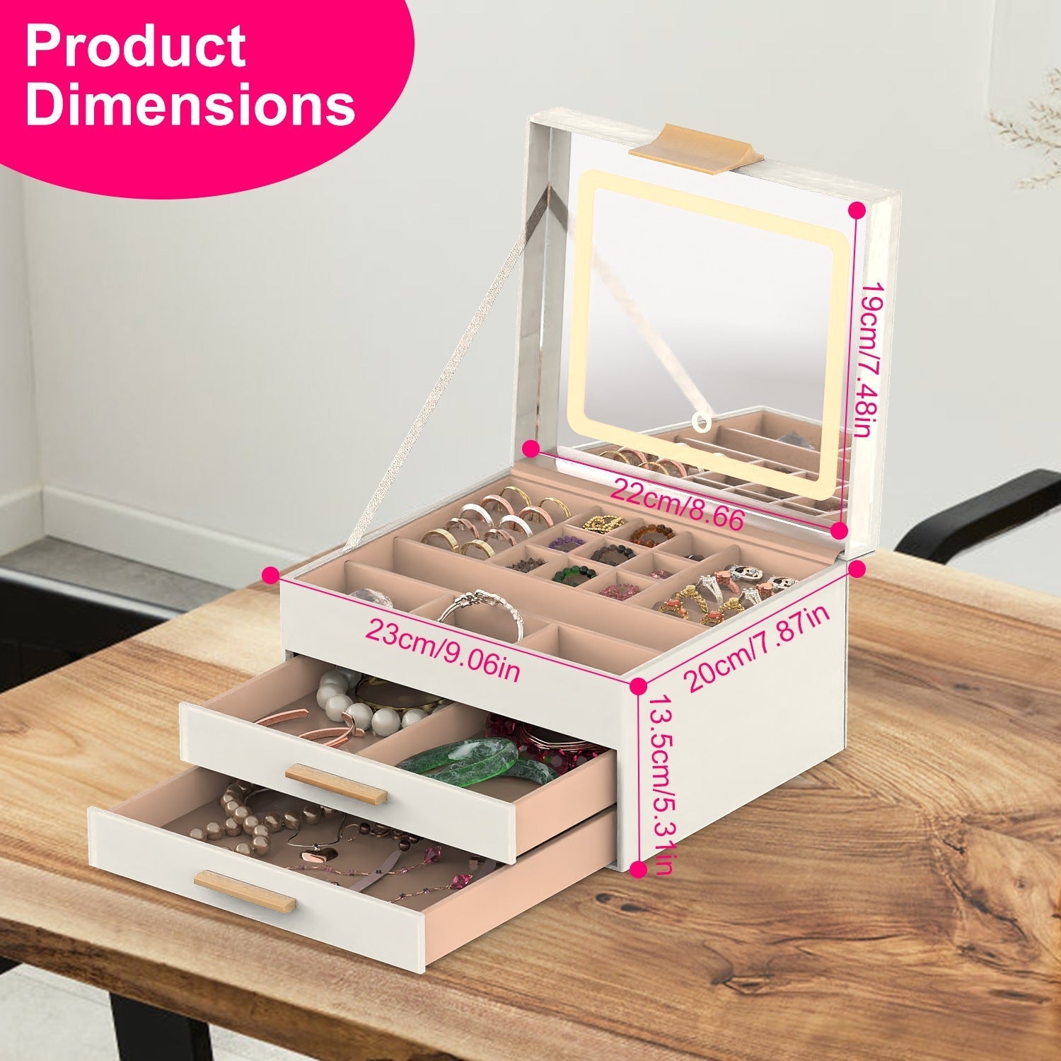 JMT-541322 3 Layer PU Leather Jewelry Box with LED Touch Mirror and Dimmable Light for Earrings, Rings, Necklaces, and Bracelets