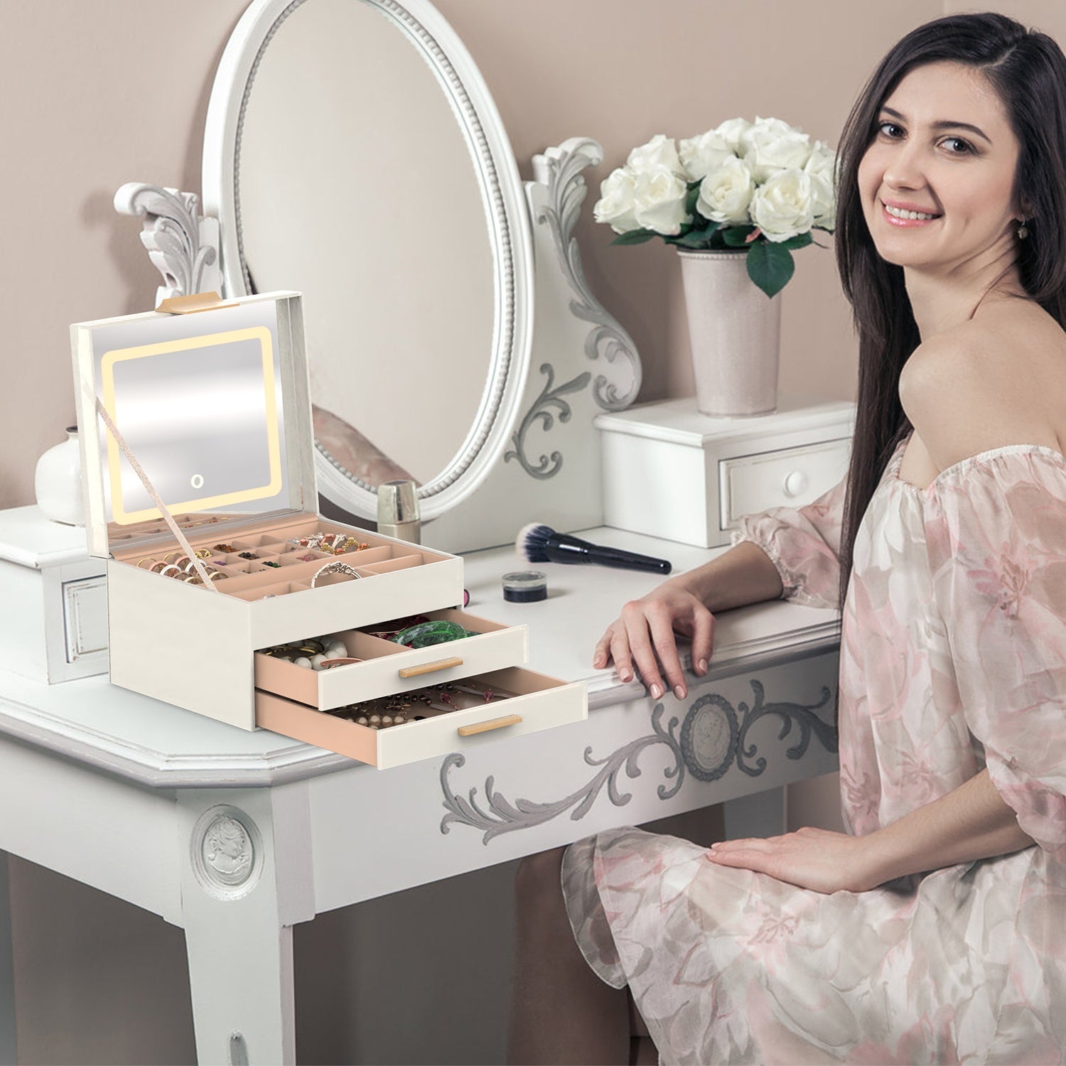 JMT-541322 3 Layer PU Leather Jewelry Box with LED Touch Mirror and Dimmable Light for Earrings, Rings, Necklaces, and Bracelets