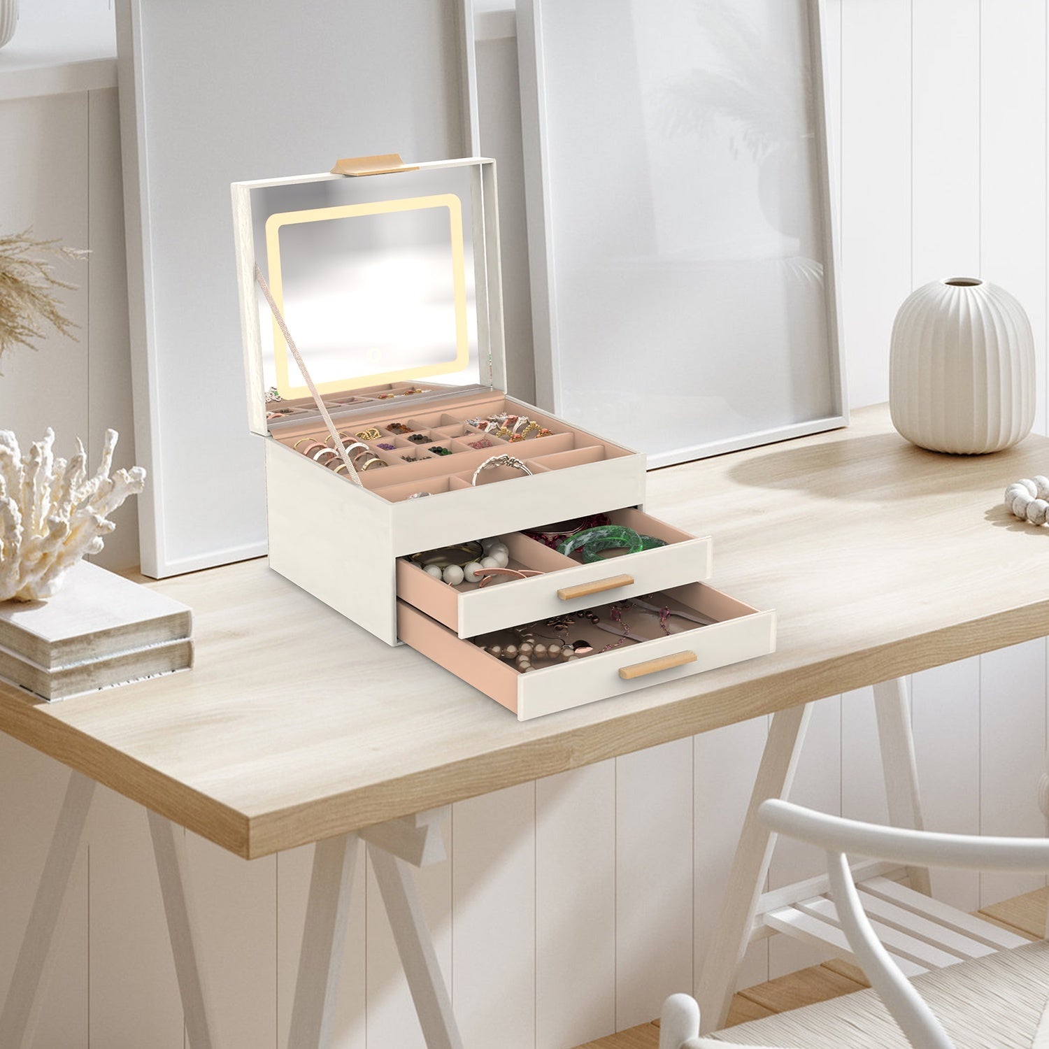 JMT-541322 3 Layer PU Leather Jewelry Box with LED Touch Mirror and Dimmable Light for Earrings, Rings, Necklaces, and Bracelets