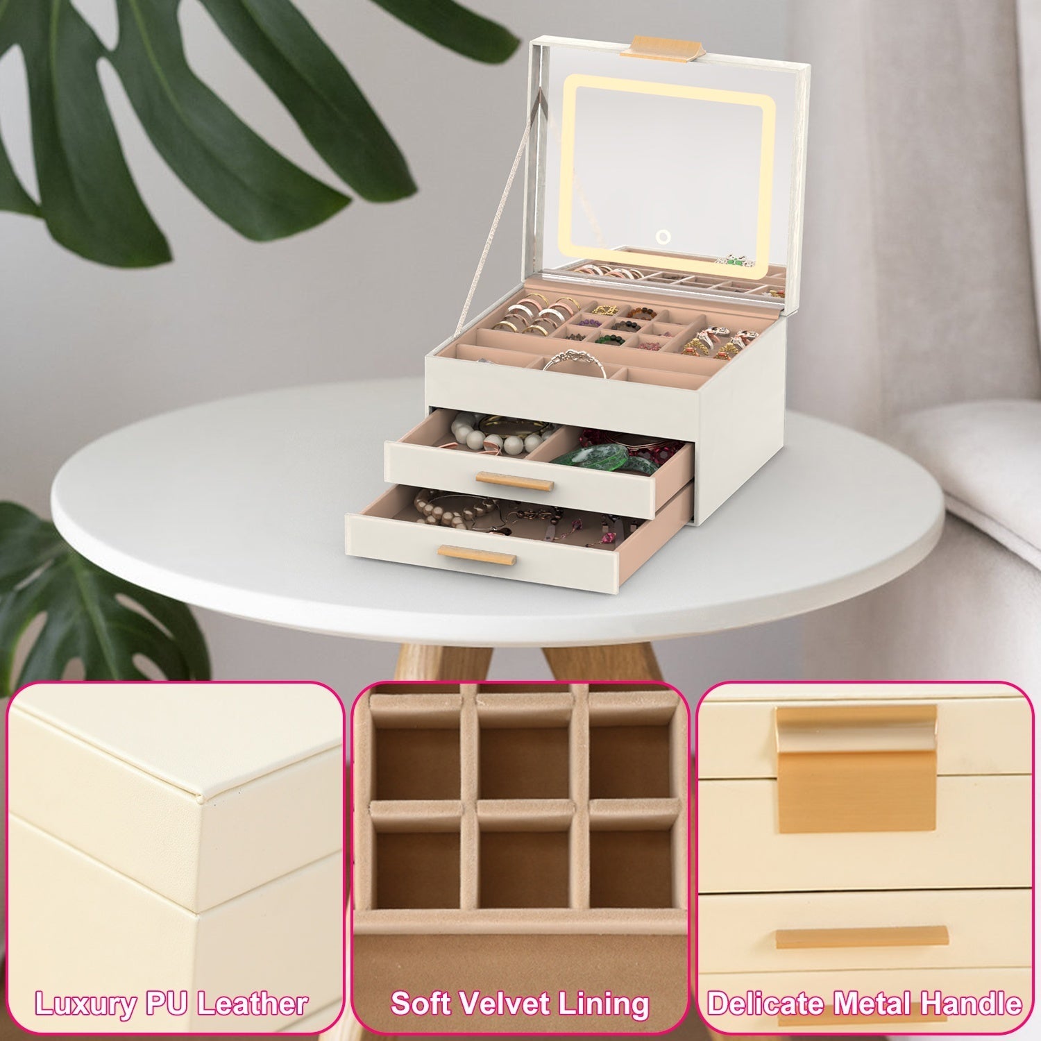 JMT-541322 3 Layer PU Leather Jewelry Box with LED Touch Mirror and Dimmable Light for Earrings, Rings, Necklaces, and Bracelets