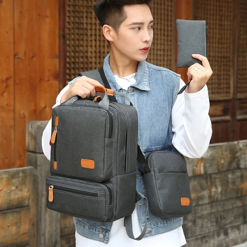 JMT-541514 Men’s Three-Piece Casual Backpack for Outdoor Travel and School, Large Capacity with Zipper Closure and Durable Polyester