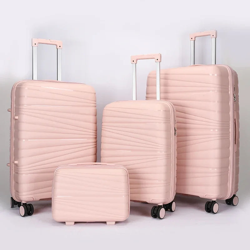 JMT-542218 4-Piece Luggage Set with Spinner Wheels, Durable PP Storage Trolley Cases in 14, 20, 24, and 28 Inch Sizes