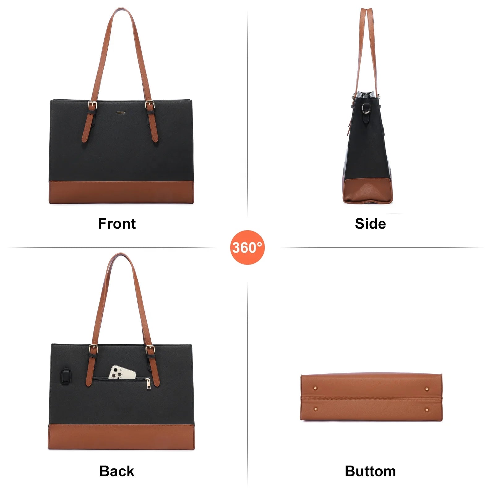 JMT-543306 Stylish 15.6 Inch Waterproof PU Leather Laptop Tote Bag for Women - Ideal for Business and Office Use