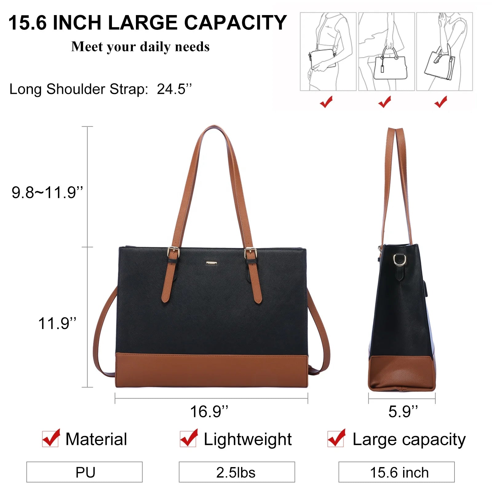 JMT-543306 Stylish 15.6 Inch Waterproof PU Leather Laptop Tote Bag for Women - Ideal for Business and Office Use