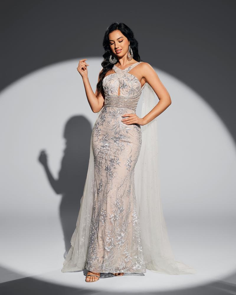 JMT-545034 Elegant Silver Evening Gown for Women - Perfect for Formal Events