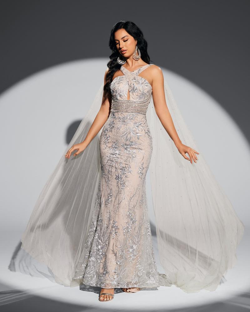 JMT-545034 Elegant Silver Evening Gown for Women - Perfect for Formal Events
