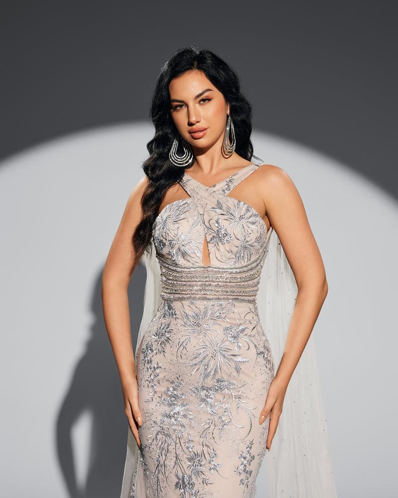 JMT-545034 Elegant Silver Evening Gown for Women - Perfect for Formal Events