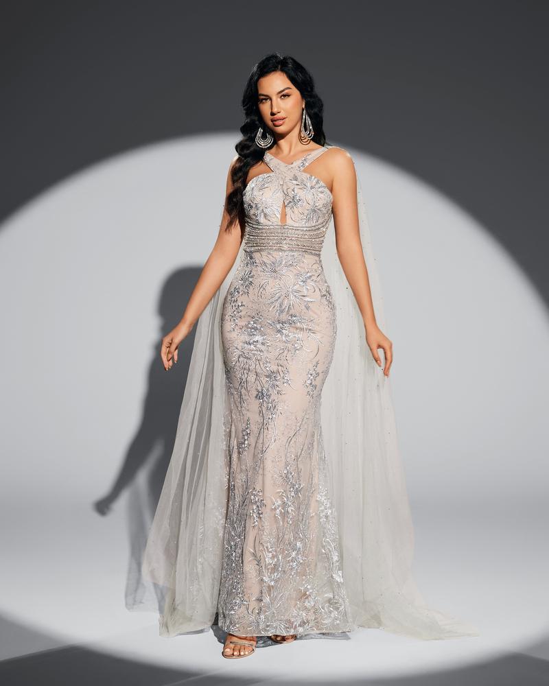 JMT-545034 Elegant Silver Evening Gown for Women - Perfect for Formal Events
