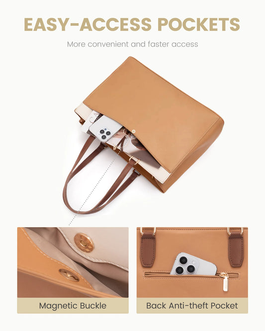JMT-545610 Waterproof PU Leather 15.6-17.3 Inch Business Tote Bag for Women - Classic Office Briefcase