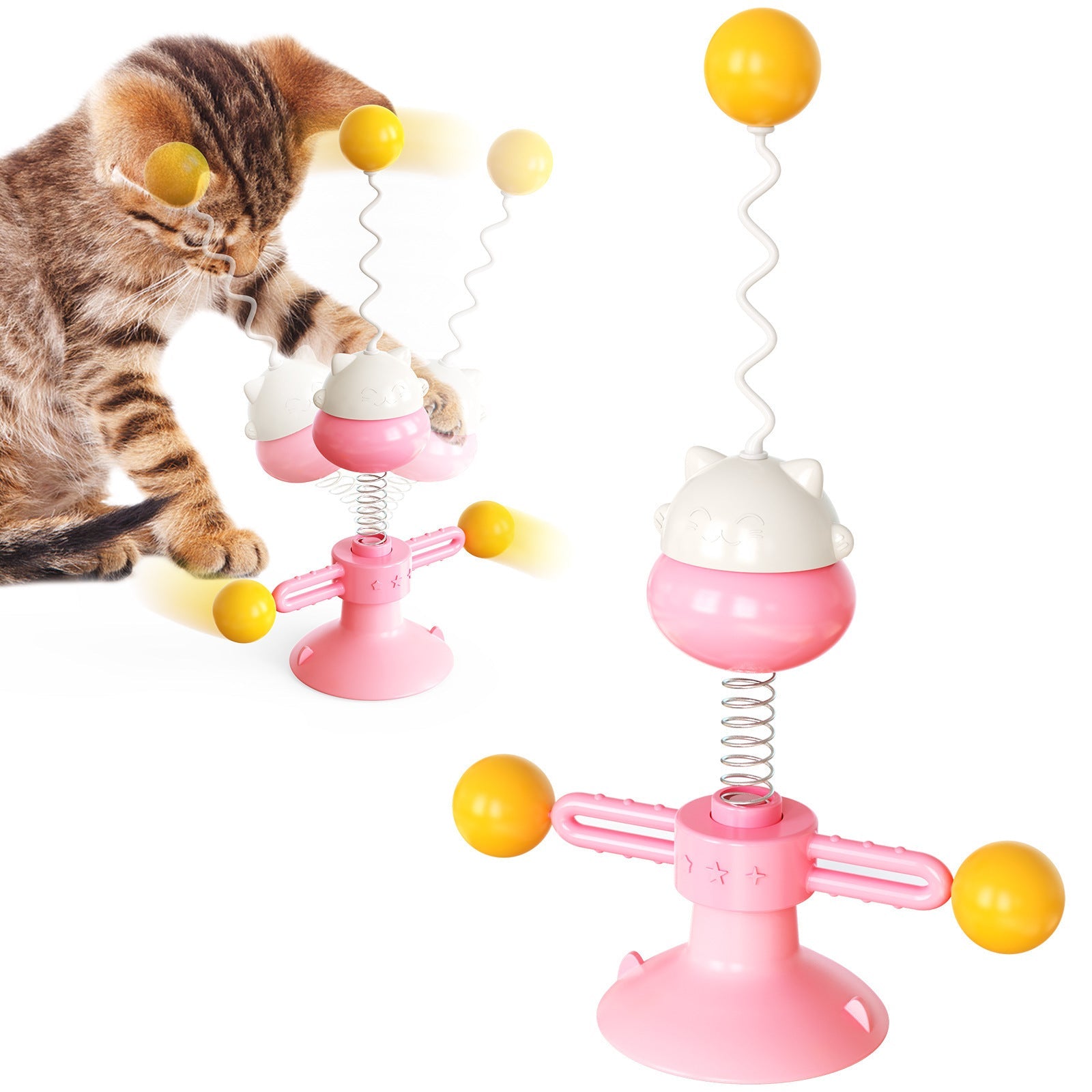 JMT-545930 Interactive Cat Toy Spring Turntable Ball - Cute Cartoon Design in Pink, Lake Blue, and Yellow