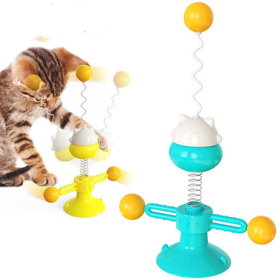 JMT-545930 Interactive Cat Toy Spring Turntable Ball - Cute Cartoon Design in Pink, Lake Blue, and Yellow