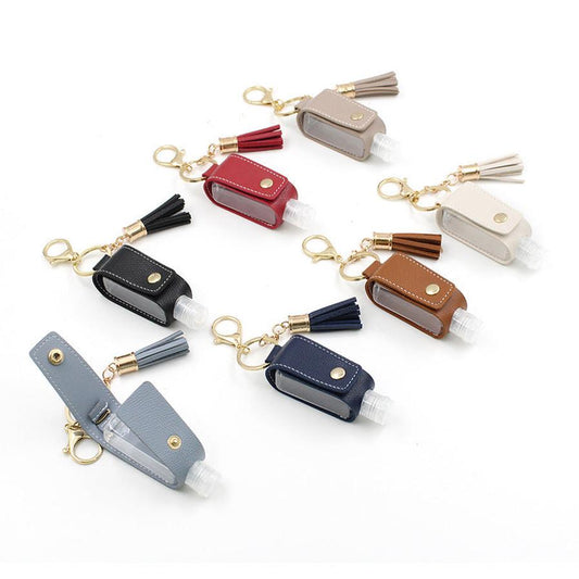 JMT-546186 Portable Keychain Hand Sanitizer Bottle with Leather Card Holder - 30ml Refillable Travel Container in Multiple Colors