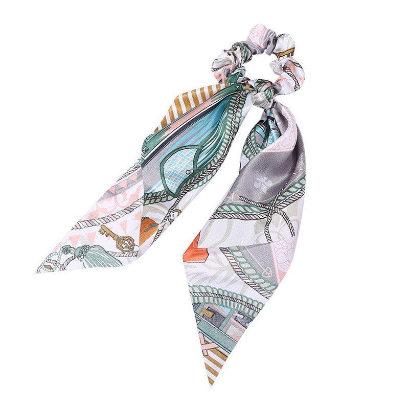 JMT-547466 Korean Style Long Streamer Printed Silk Scarf Hair Tie for Ponytail and Top Knot Styling