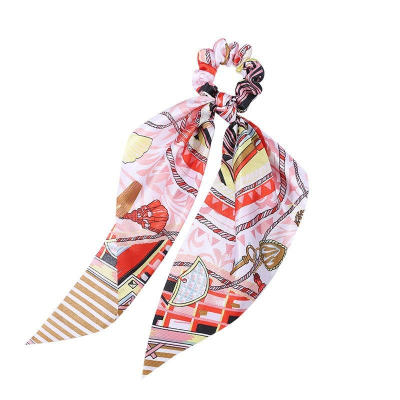 JMT-547466 Korean Style Long Streamer Printed Silk Scarf Hair Tie for Ponytail and Top Knot Styling