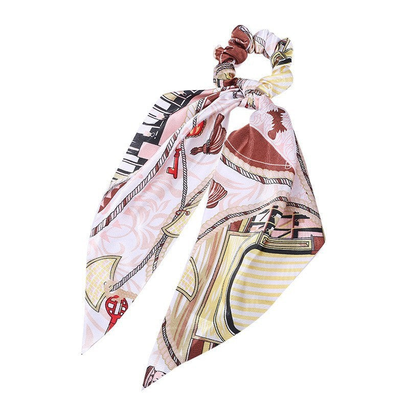 JMT-547466 Korean Style Long Streamer Printed Silk Scarf Hair Tie for Ponytail and Top Knot Styling