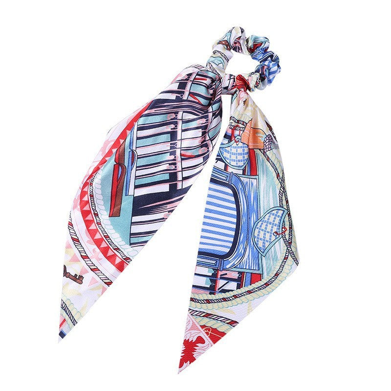 JMT-547466 Korean Style Long Streamer Printed Silk Scarf Hair Tie for Ponytail and Top Knot Styling