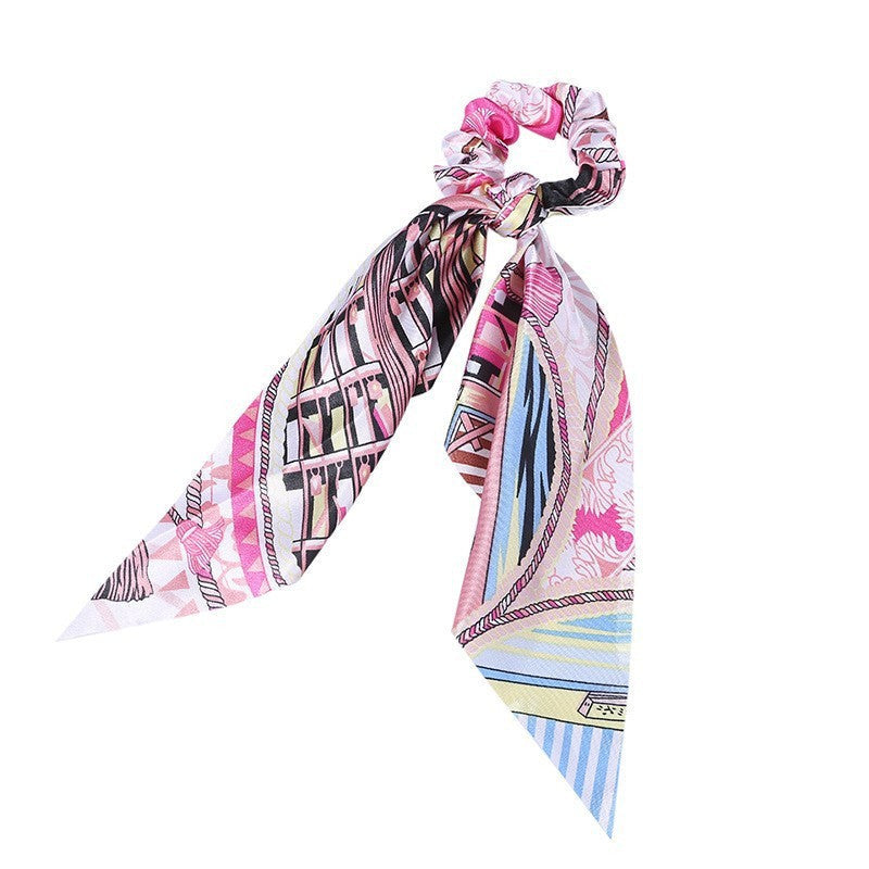 JMT-547466 Korean Style Long Streamer Printed Silk Scarf Hair Tie for Ponytail and Top Knot Styling