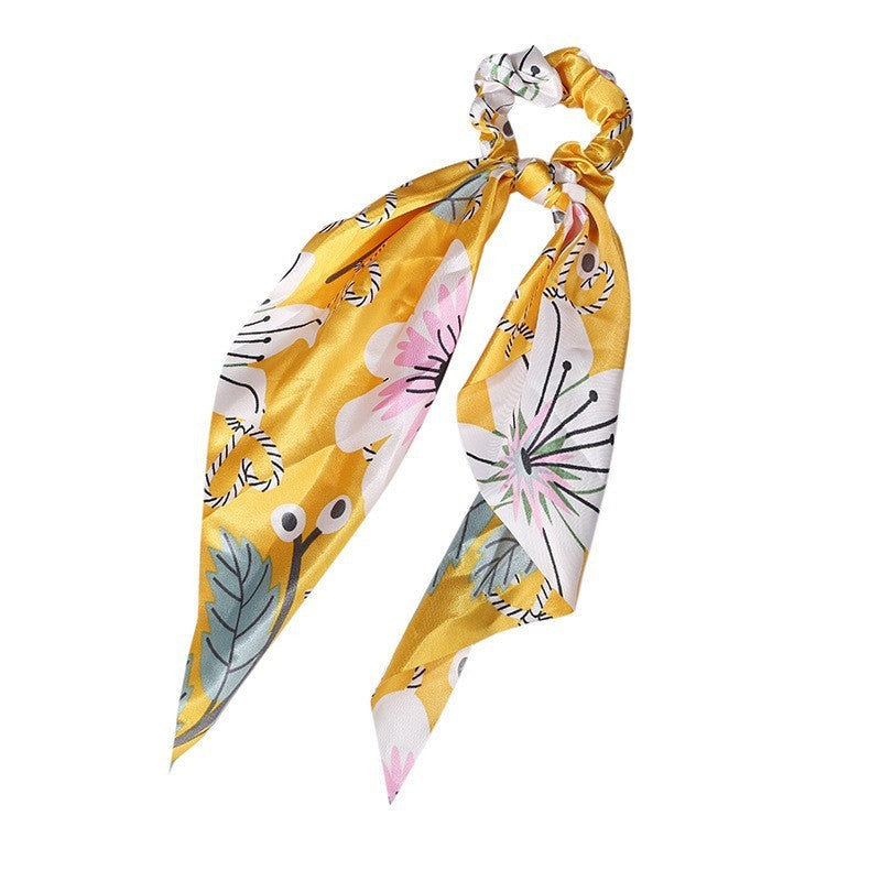 JMT-547466 Korean Style Long Streamer Printed Silk Scarf Hair Tie for Ponytail and Top Knot Styling
