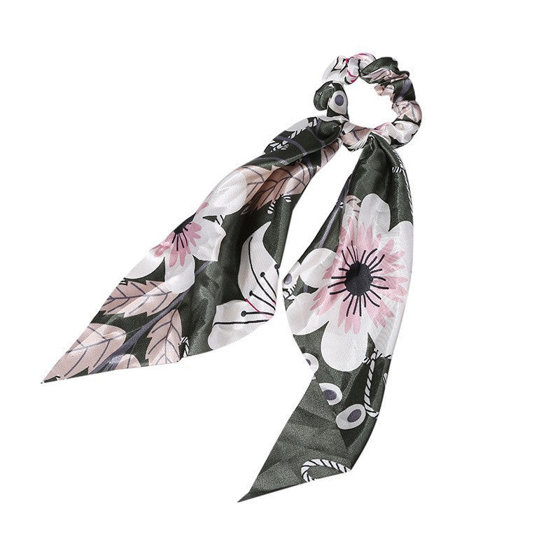 JMT-547466 Korean Style Long Streamer Printed Silk Scarf Hair Tie for Ponytail and Top Knot Styling