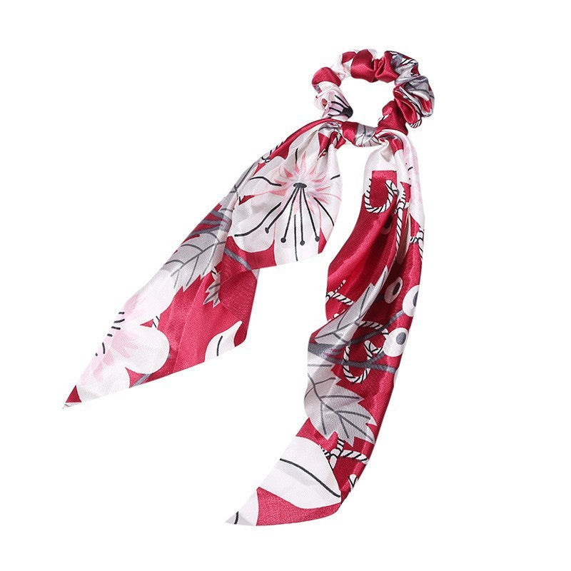 JMT-547466 Korean Style Long Streamer Printed Silk Scarf Hair Tie for Ponytail and Top Knot Styling