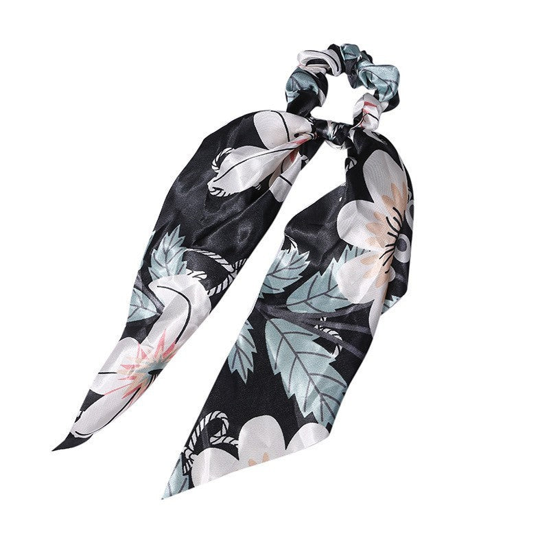 JMT-547466 Korean Style Long Streamer Printed Silk Scarf Hair Tie for Ponytail and Top Knot Styling