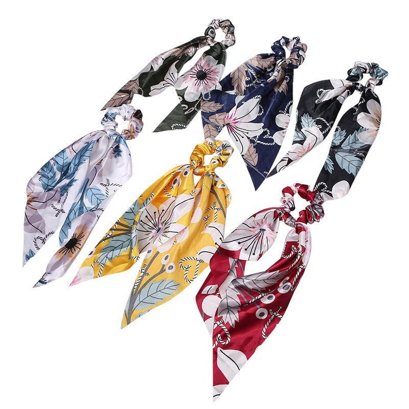JMT-547466 Korean Style Long Streamer Printed Silk Scarf Hair Tie for Ponytail and Top Knot Styling