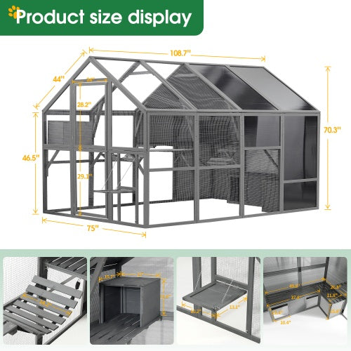 JMT-548106 Spacious Outdoor Wooden Cat Cage with Multi-Level Activity Areas and Access Doors