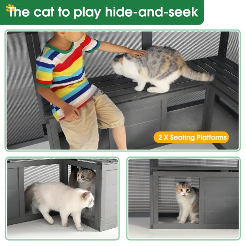 JMT-548106 Spacious Outdoor Wooden Cat Cage with Multi-Level Activity Areas and Access Doors