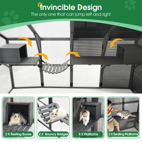 JMT-548106 Spacious Outdoor Wooden Cat Cage with Multi-Level Activity Areas and Access Doors