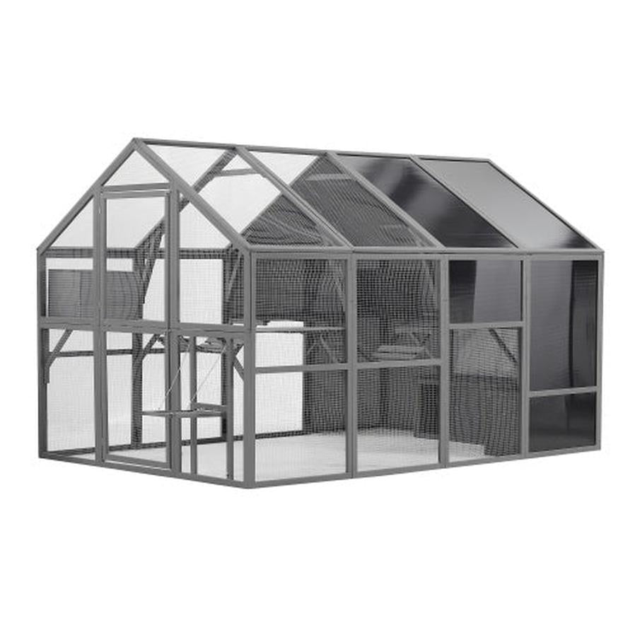 JMT-548106 Spacious Outdoor Wooden Cat Cage with Multi-Level Activity Areas and Access Doors