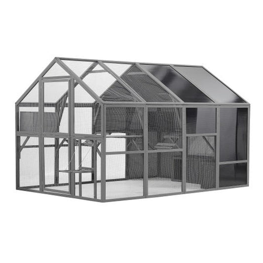 JMT-548106 Spacious Outdoor Wooden Cat Cage with Multi-Level Activity Areas and Access Doors