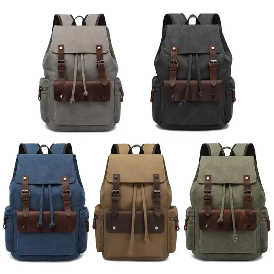 JMT-549066 Genuine Leather Canvas Backpack for Men - Travel Laptop Hiking Rucksack