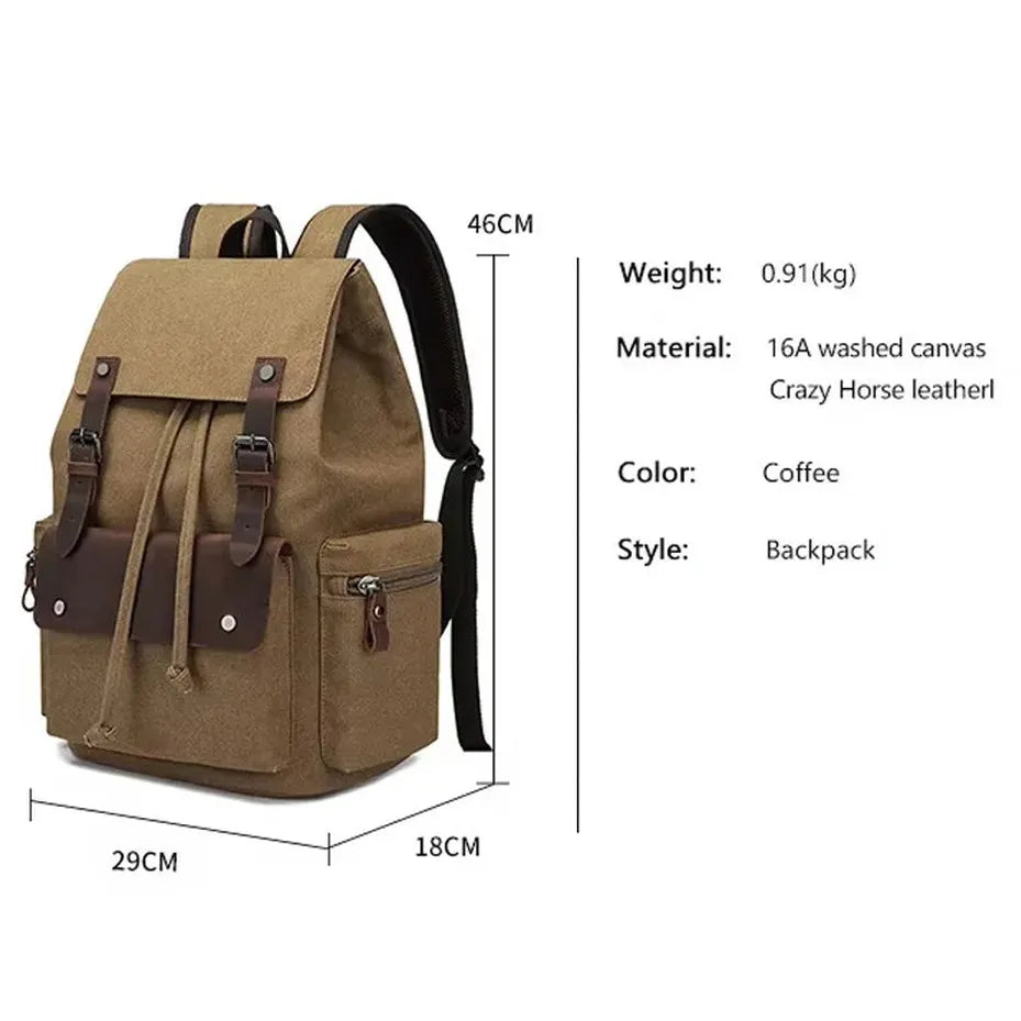 JMT-549066 Genuine Leather Canvas Backpack for Men - Travel Laptop Hiking Rucksack