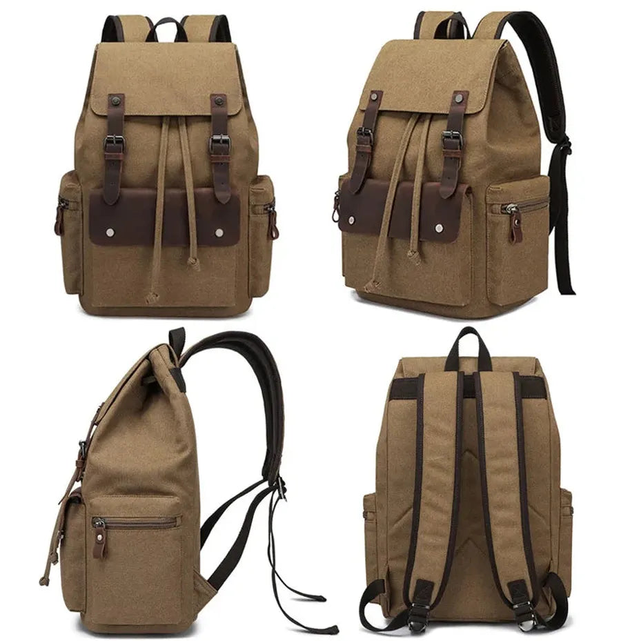 JMT-549066 Genuine Leather Canvas Backpack for Men - Travel Laptop Hiking Rucksack