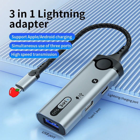 JMT-549898 3-in-1 USB 2.0 OTG Adapter with 8-Pin Connector, Type C PD Charging Port, and Type C Earphone Jack for iPhone and iPad